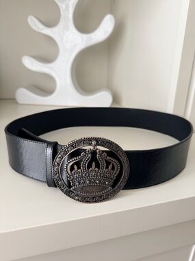 Vintage Y2K 2000’S OLSEN Crown Buckle Leather Belt Women’s Size 80 CM Black